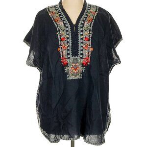 Johnny Was Black Blouse with Red and Orange Embroidery